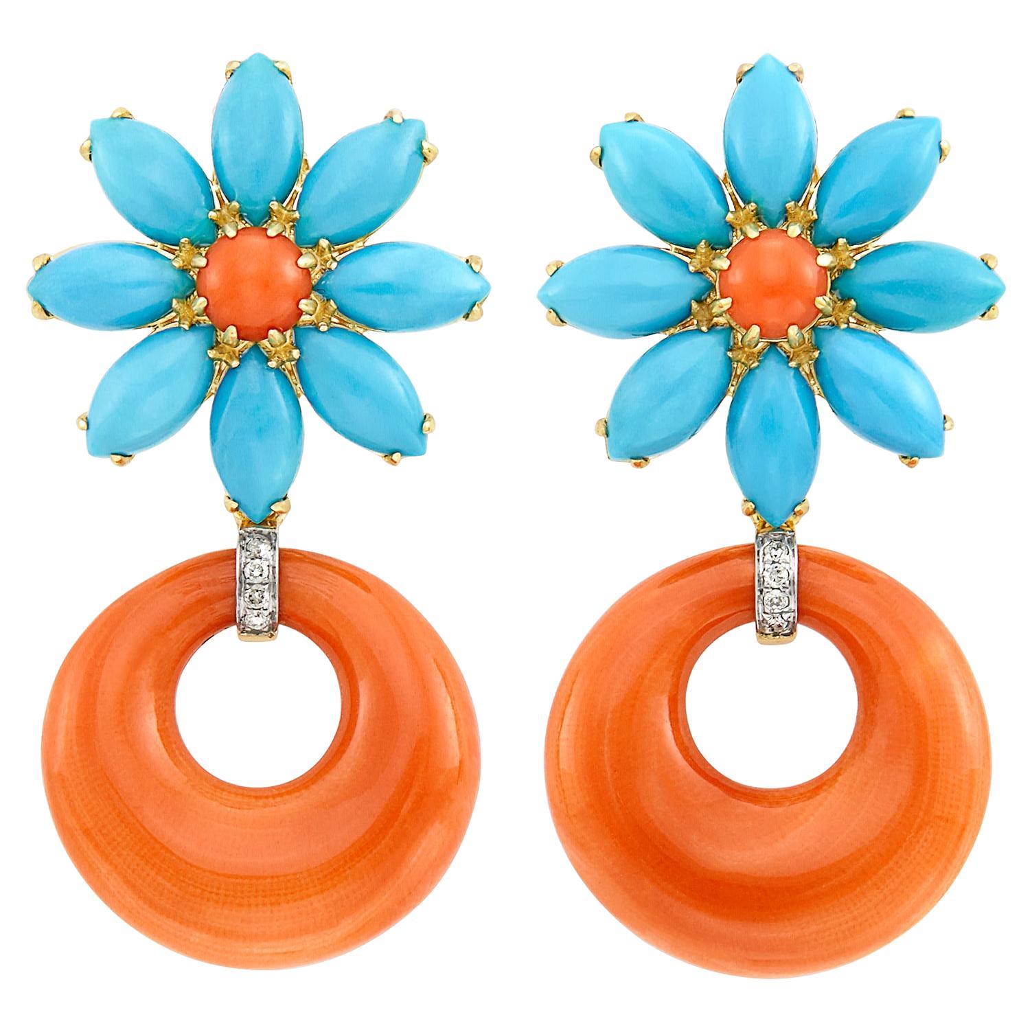 18k Yellow Gold Flower Hoop Dangle Earrings with Turquoise, Coral and Diamond