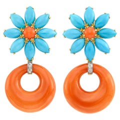 18k Yellow Gold Flower Hoop Dangle Earrings with Turquoise, Coral and Diamond