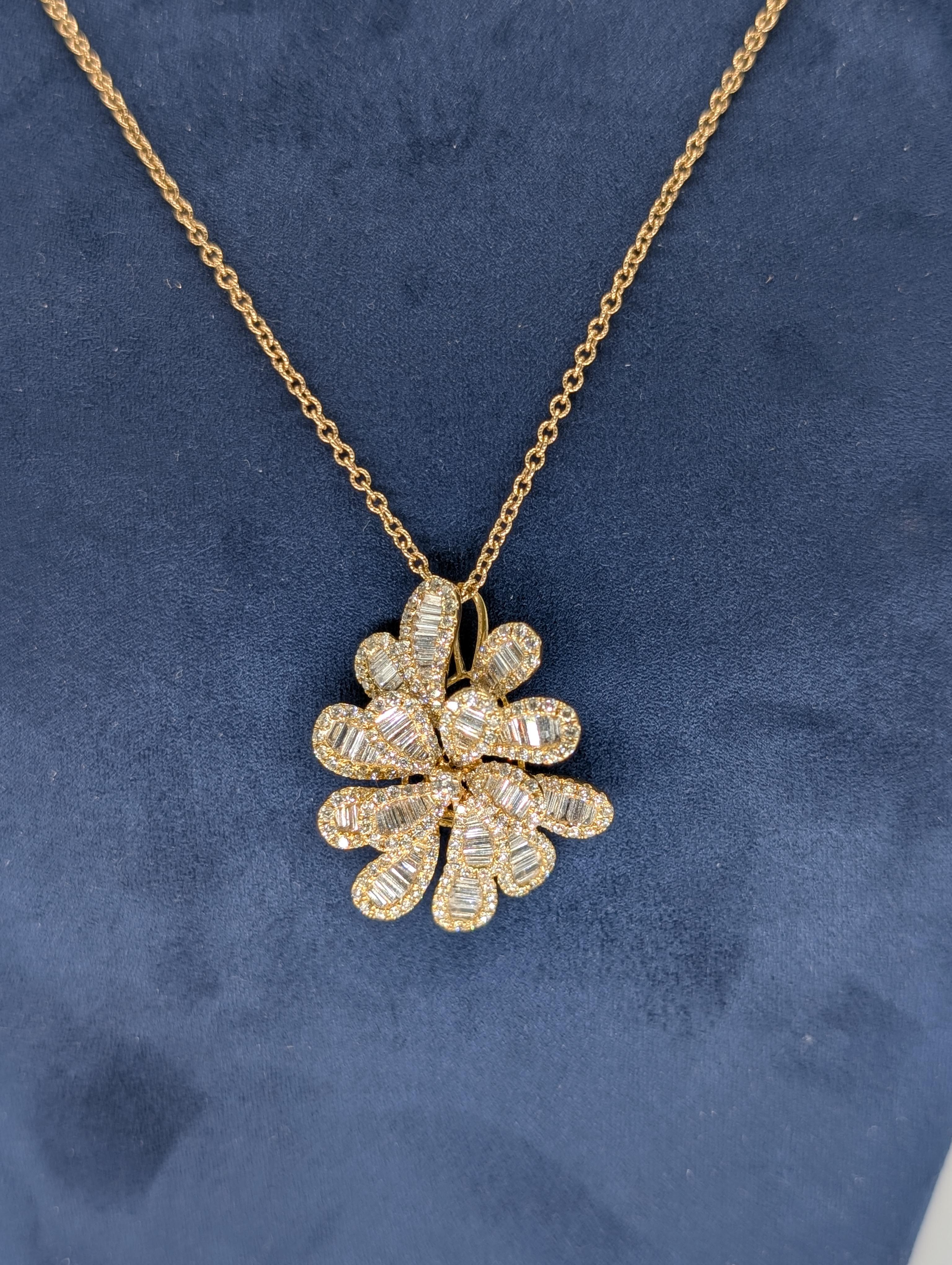 Baguette Cut 18K Yellow Gold Flower Pedal Pendant with Baguette and Round Cut Diamonds For Sale