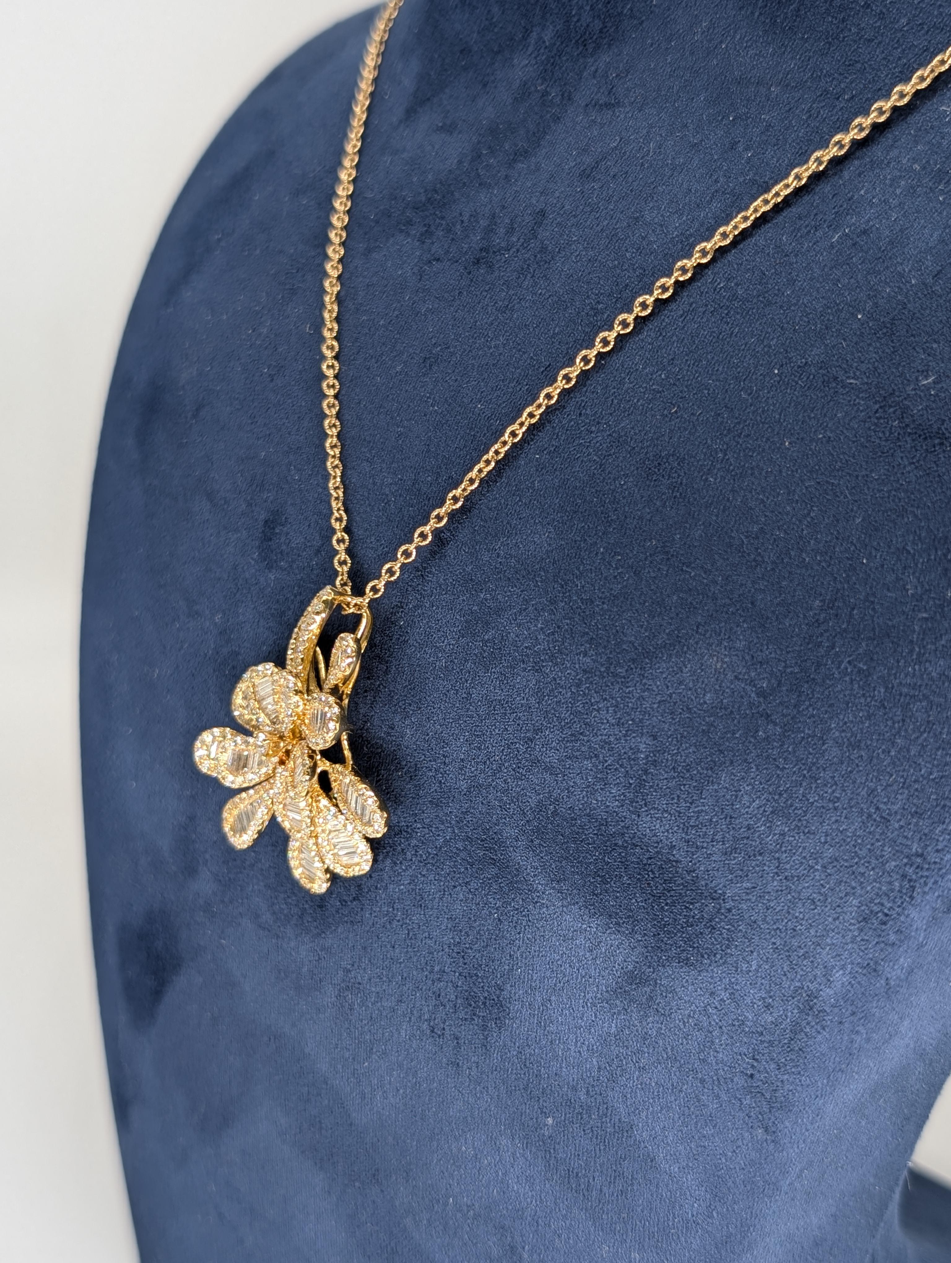 Women's 18K Yellow Gold Flower Pedal Pendant with Baguette and Round Cut Diamonds For Sale