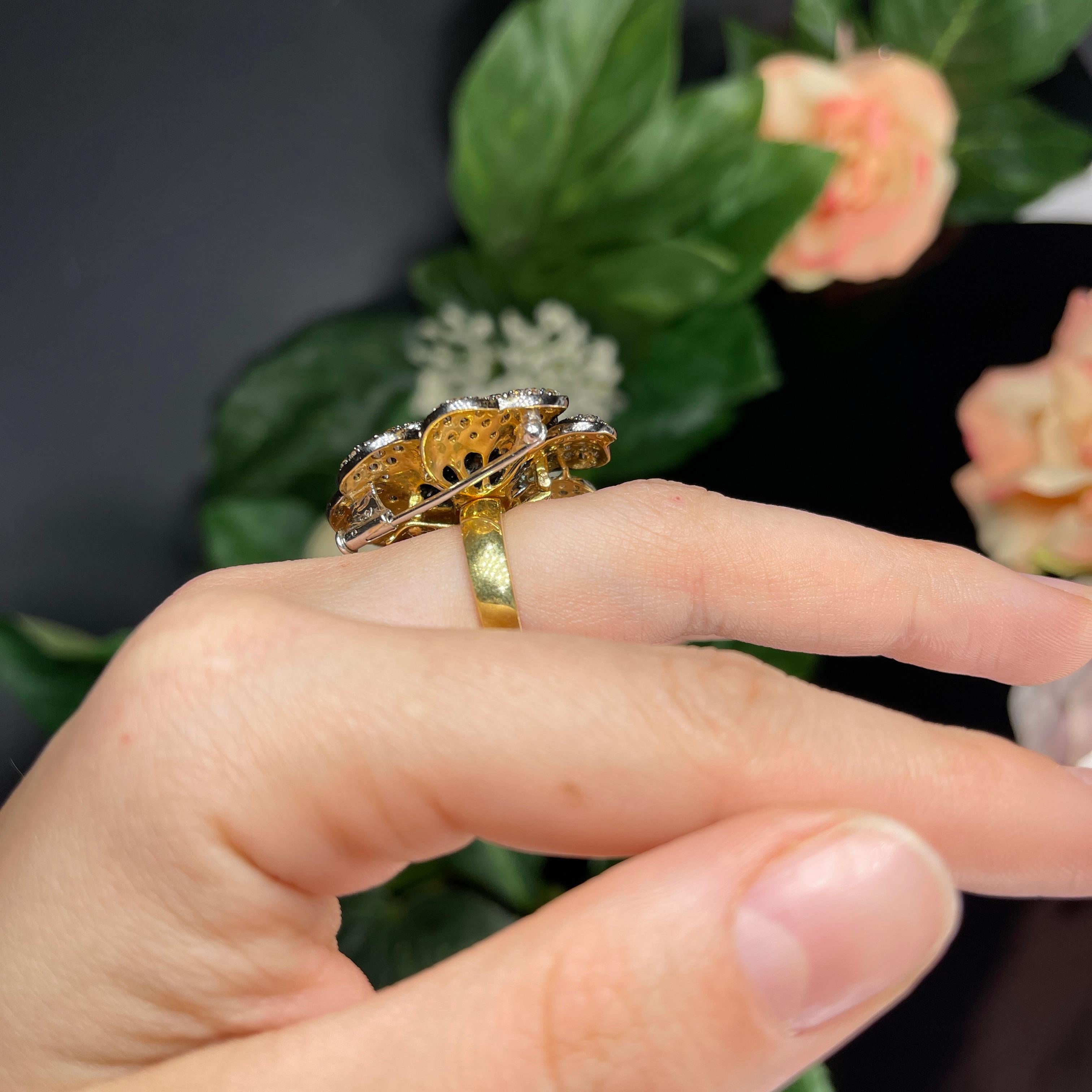 18k Yellow Gold Flower Ring / Pendant / Brooch with Brown and White Diamonds For Sale 7