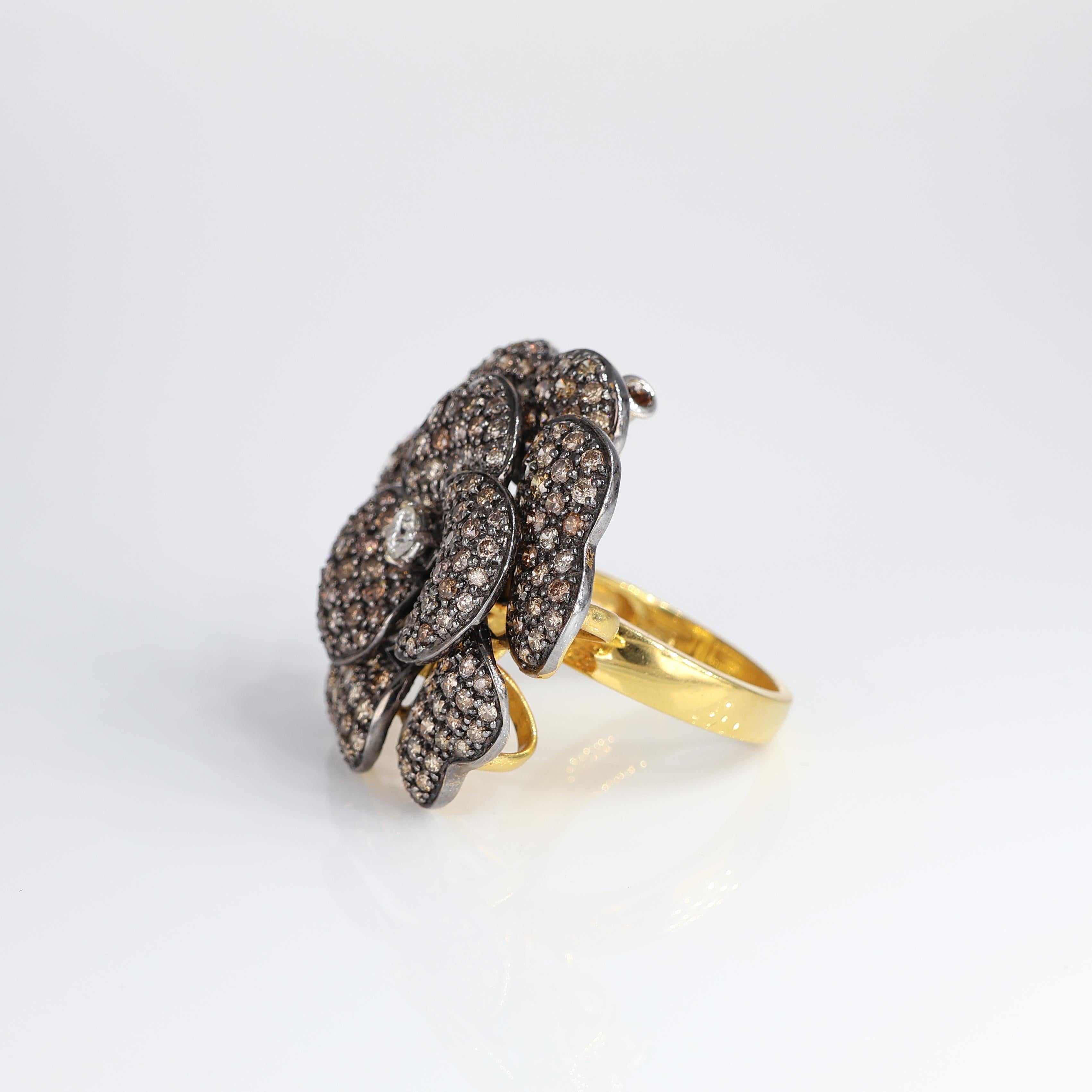 Women's 18k Yellow Gold Flower Ring / Pendant / Brooch with Brown and White Diamonds For Sale