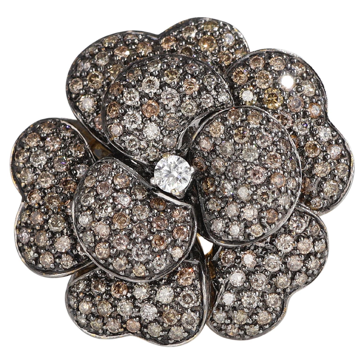 18k Yellow Gold Flower Ring / Pendant / Brooch with Brown and White Diamonds