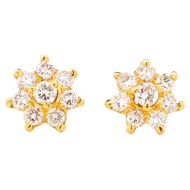 18K Yellow Gold Flower Shaped Diamond Stud Earrings