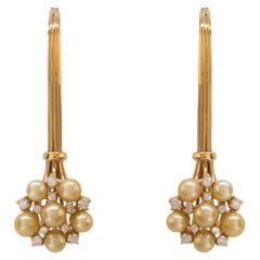 18k Yellow Gold Flower Stem Earrings with 12 Certified Natural Bahraini Pearls