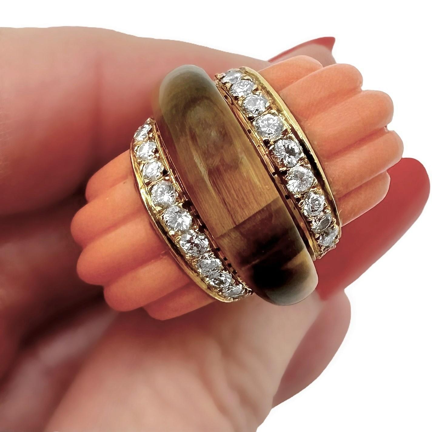 18 Karat Gelbgold geriffelter Koralle, Tigerauge und Diamantring 6