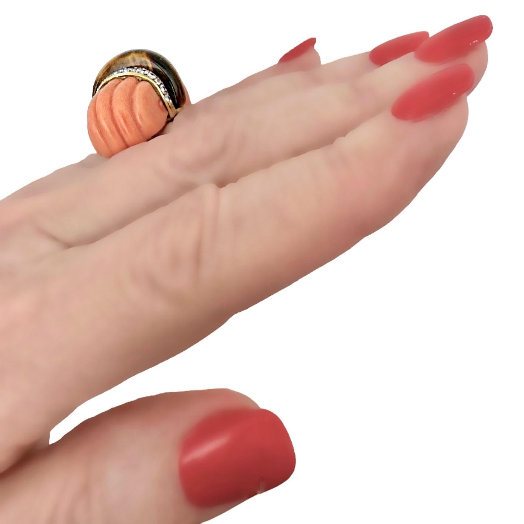 18 Karat Gelbgold geriffelter Koralle, Tigerauge und Diamantring 10