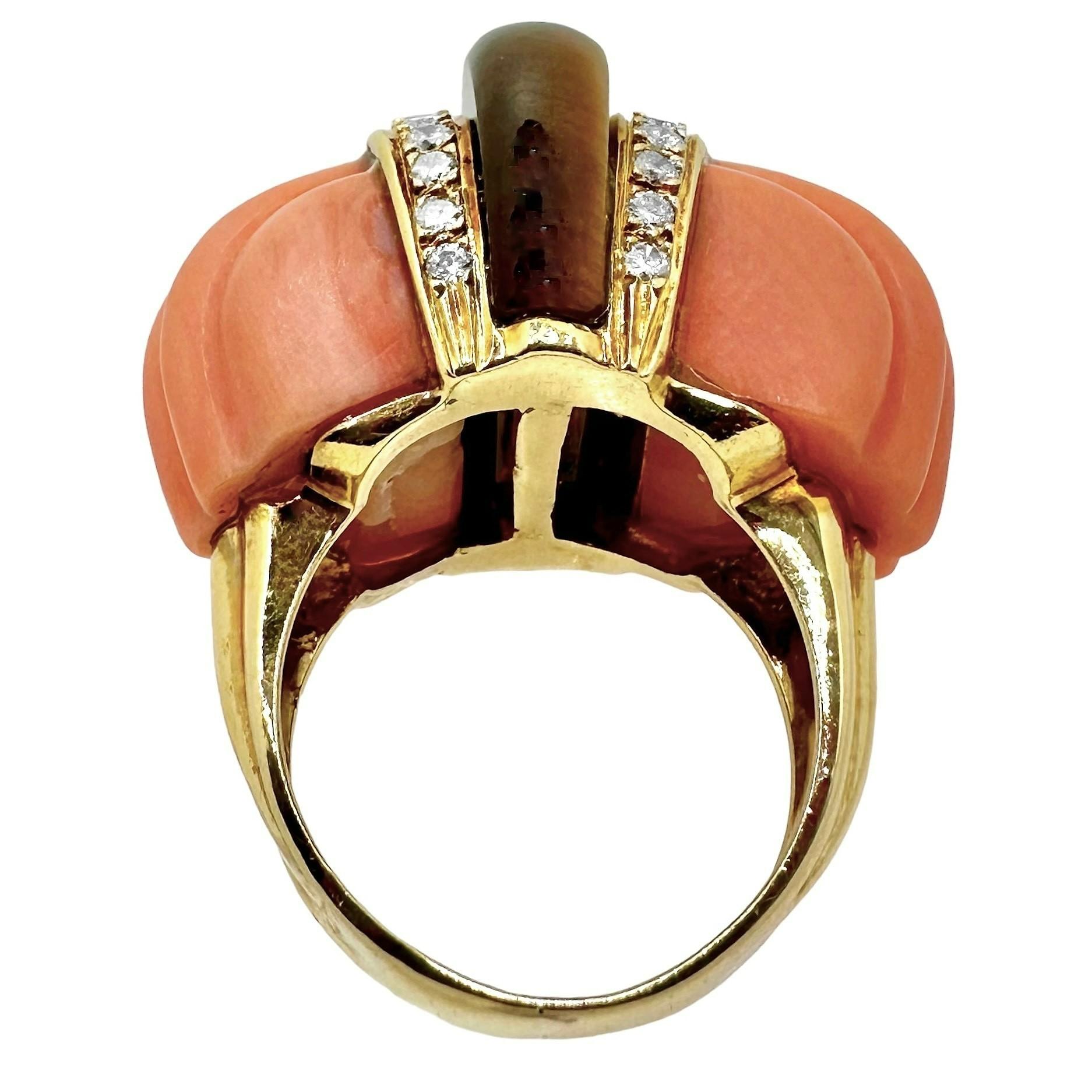 18 Karat Gelbgold geriffelter Koralle, Tigerauge und Diamantring Damen