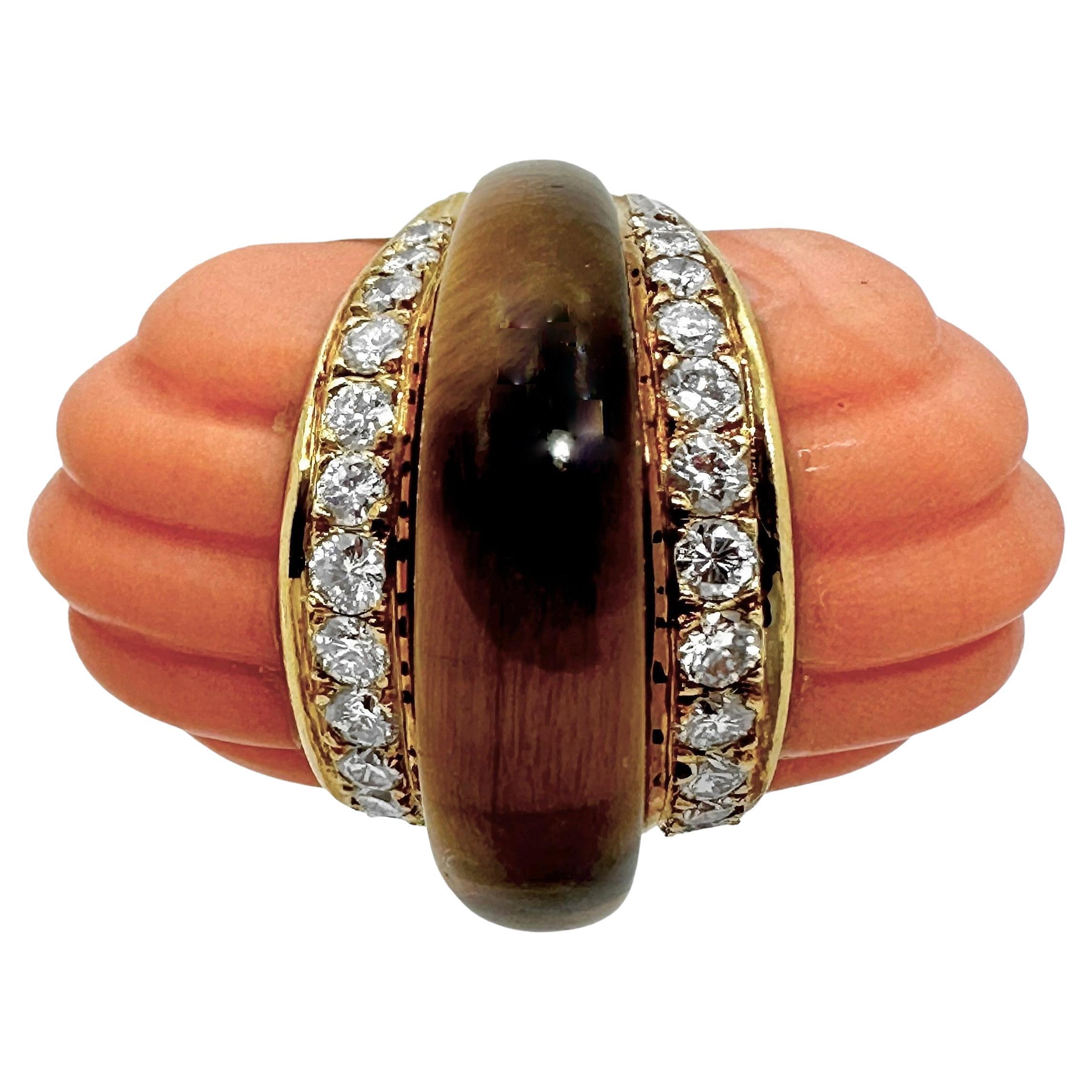 18k Yellow Gold Fluted Coral, Tigers Eye and Diamond Ring