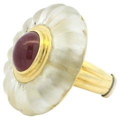 18K Yellow Gold Fluted Rock Crystal Dome Ring with Ruby Cabochon Center