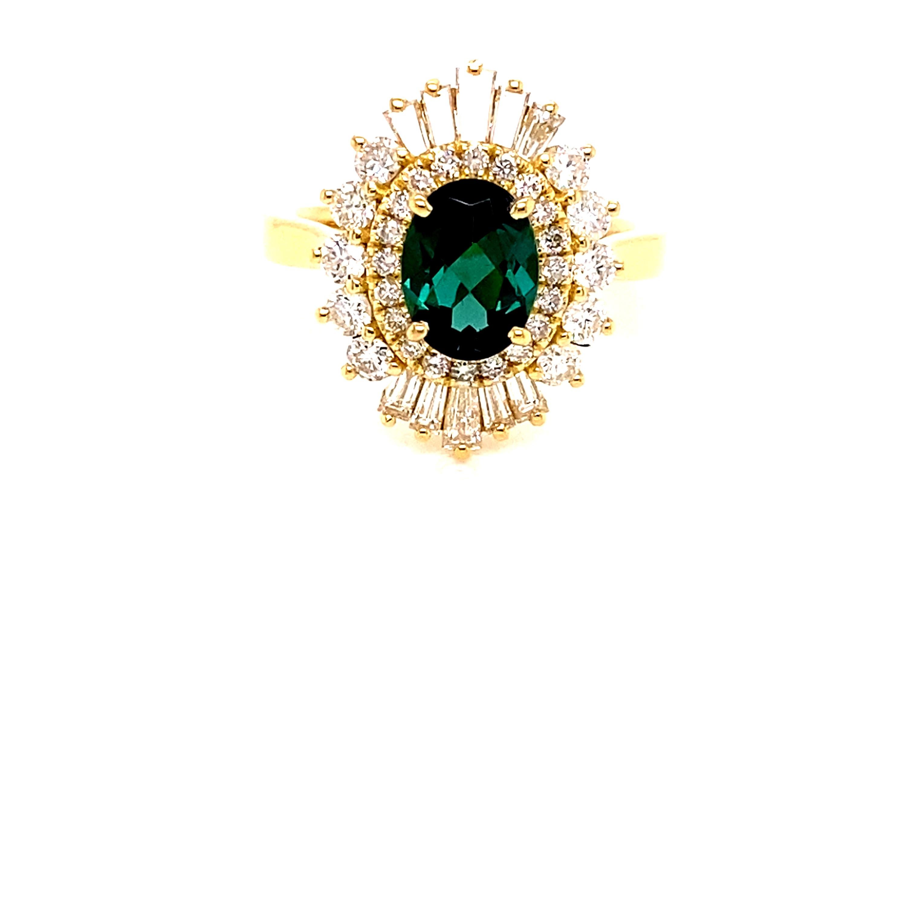 Oval Cut 18 Karat Yellow Gold Flutter Ballerina Diamond and Tourmaline Ring For Sale