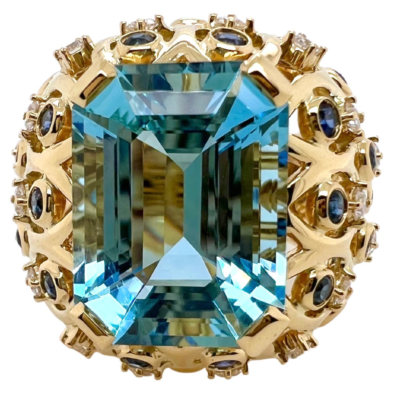 18k Yellow Gold Aquamarine with Blue Sapphires and Diamonds Ring For Sale
