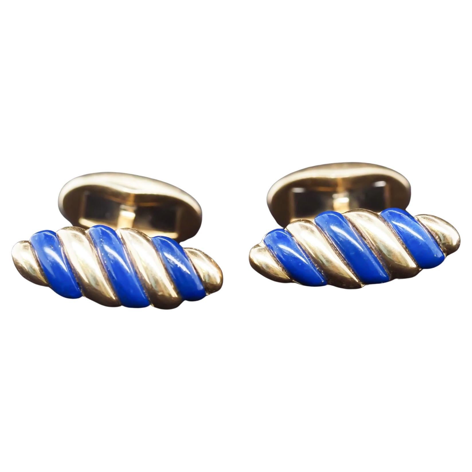 18K Yellow Gold “FRED PARIS” Blue Enamel Cufflinks