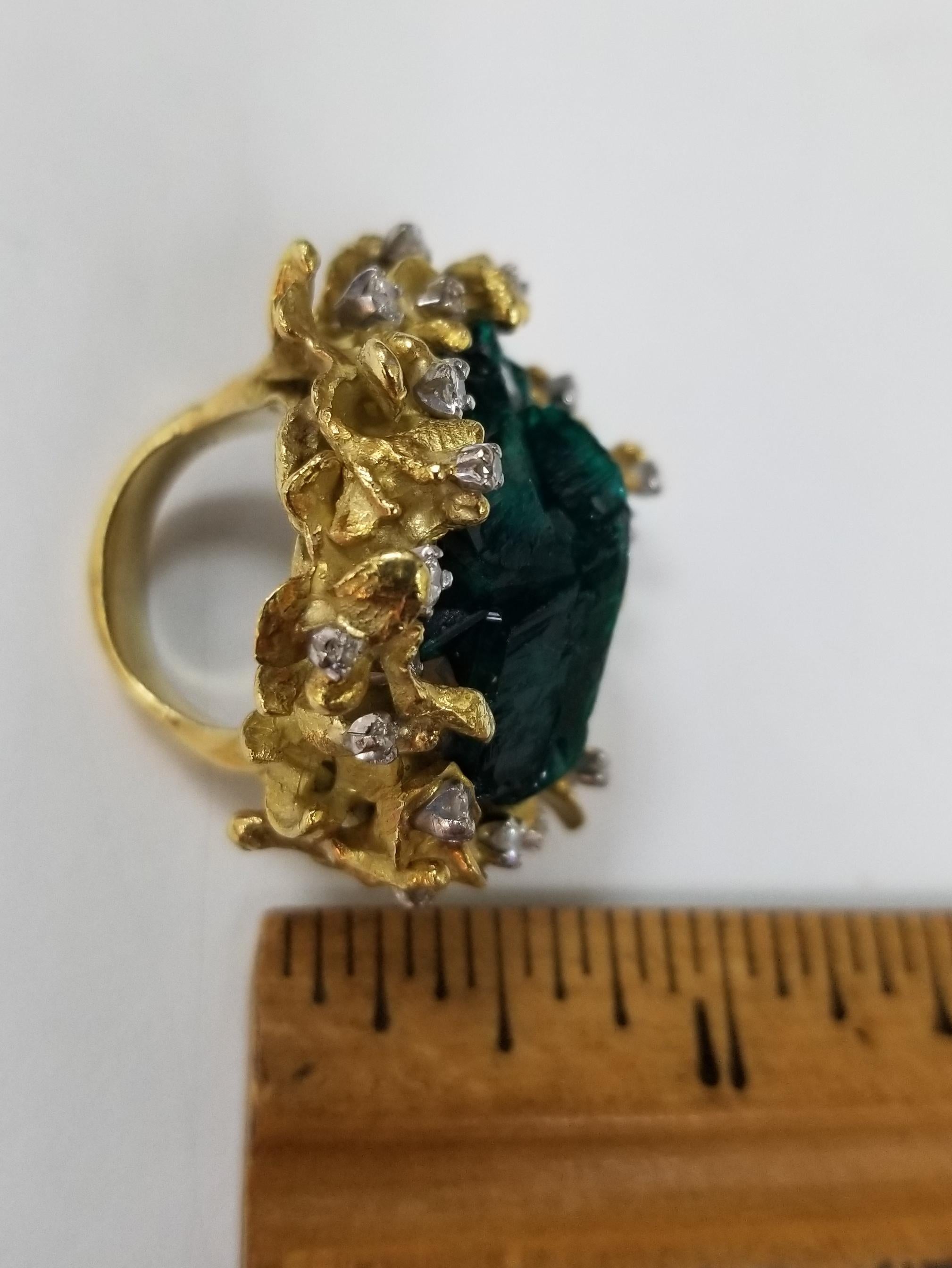 18 Karat Gold Freeform Leaf Design with Rough Emerald Cluster Diamond Ring 2