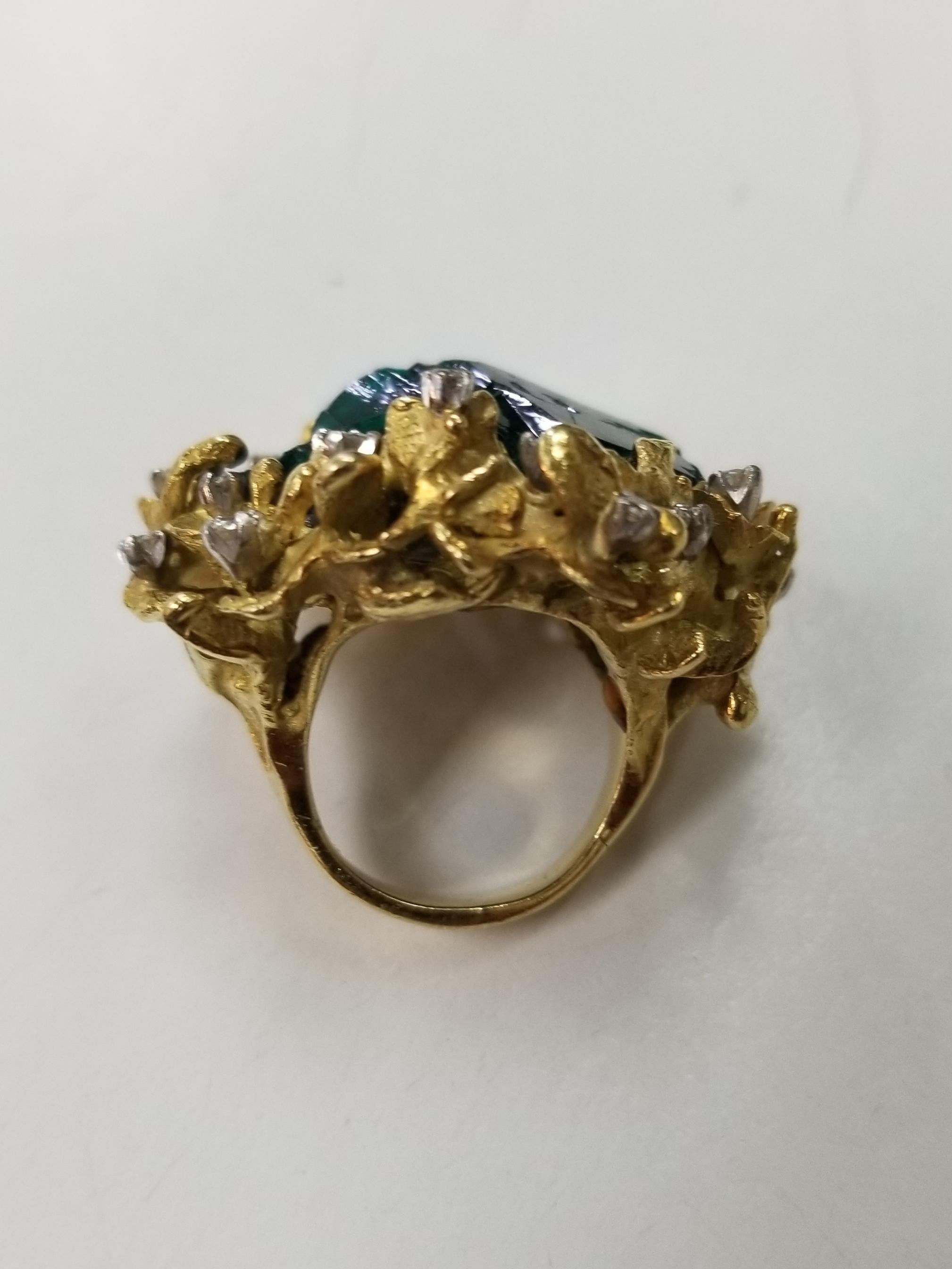 Artisan 18 Karat Gold Freeform Leaf Design with Rough Emerald Cluster Diamond Ring