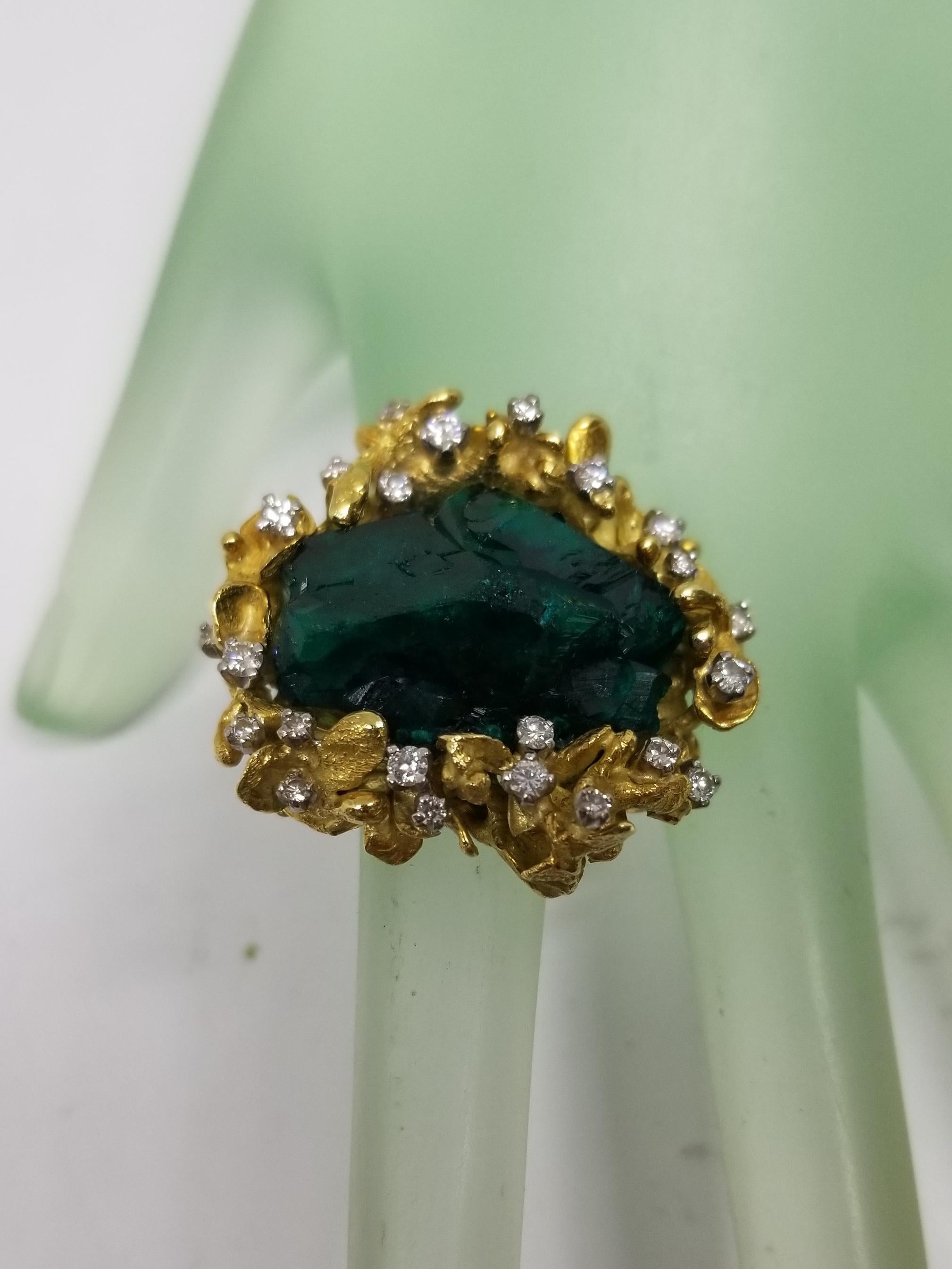 Round Cut 18 Karat Gold Freeform Leaf Design with Rough Emerald Cluster Diamond Ring