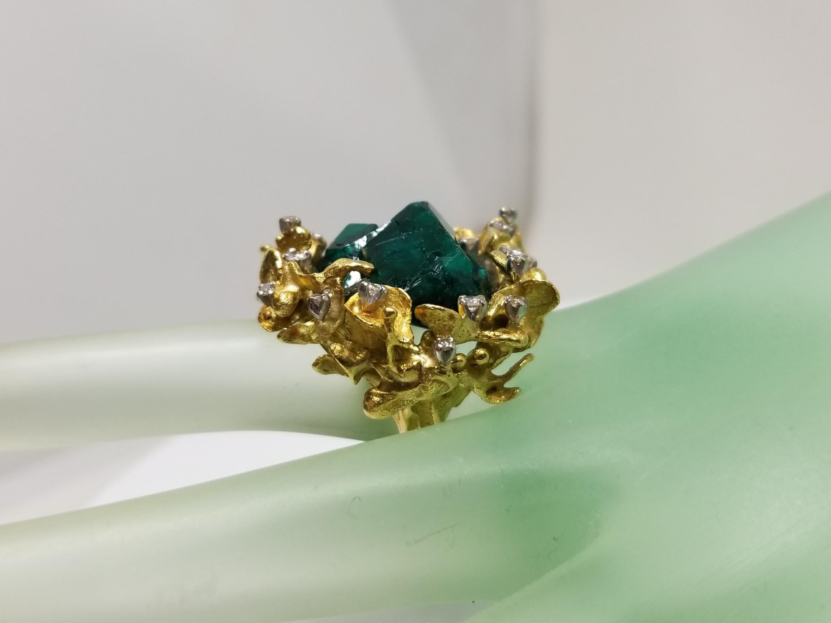 Women's or Men's 18 Karat Gold Freeform Leaf Design with Rough Emerald Cluster Diamond Ring