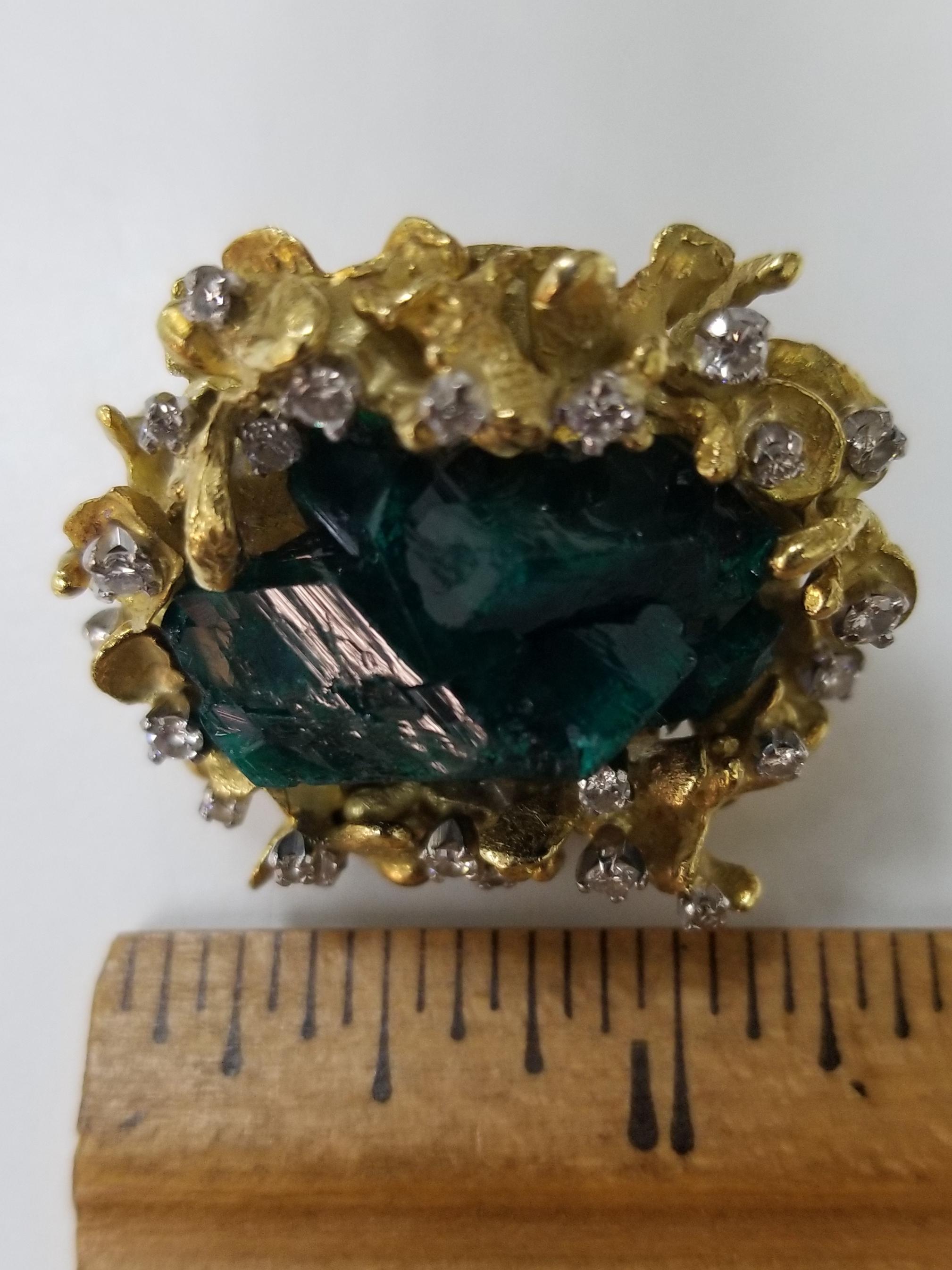 18 Karat Gold Freeform Leaf Design with Rough Emerald Cluster Diamond Ring 1