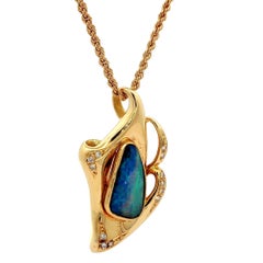 18k Yellow Gold Freeform Boulder Opal & Diamond Pendant w/ Rope Chain Necklace