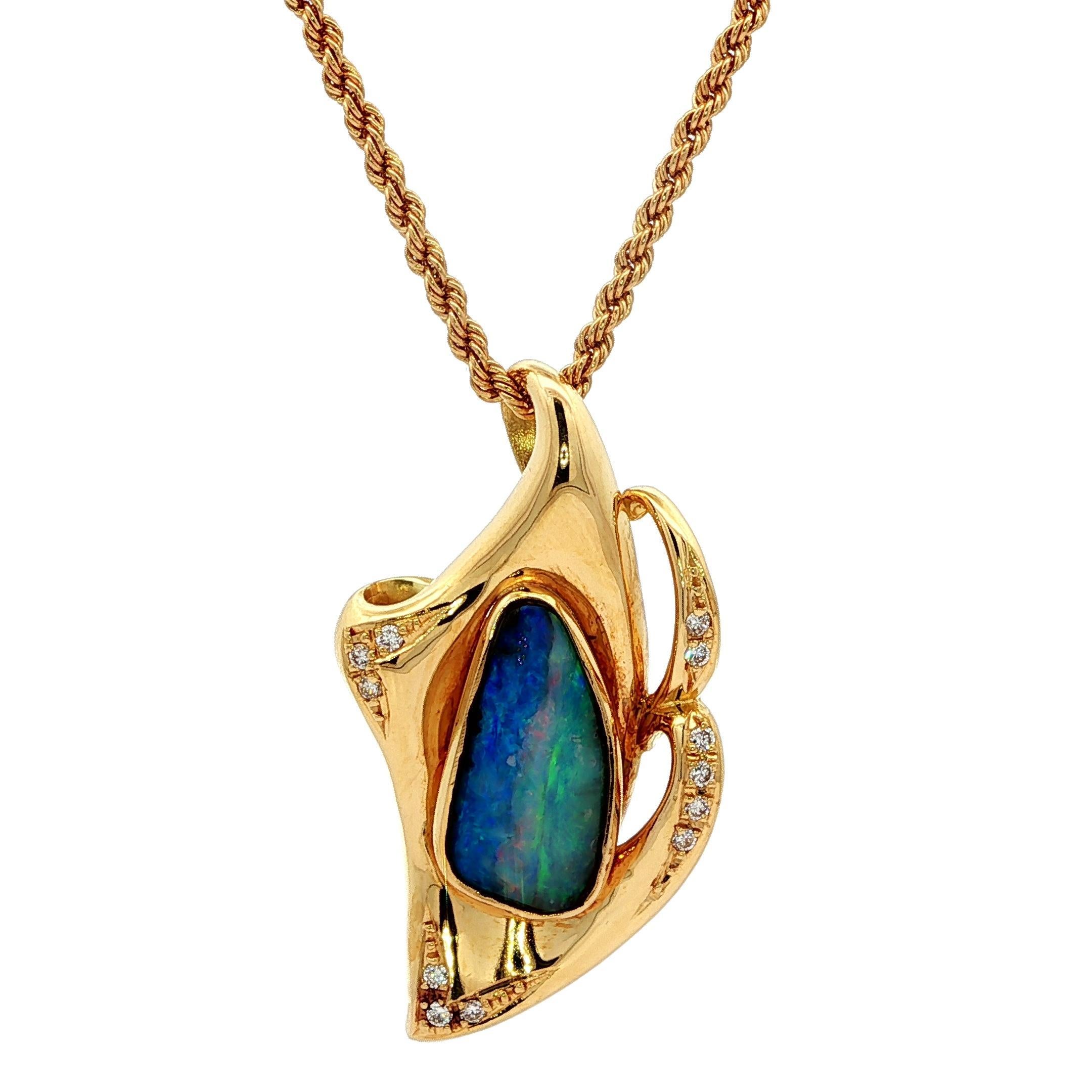Ciondolo in oro giallo 18k con opale Boulder e diamanti a forma libera e collana con catena a corda in vendita 4