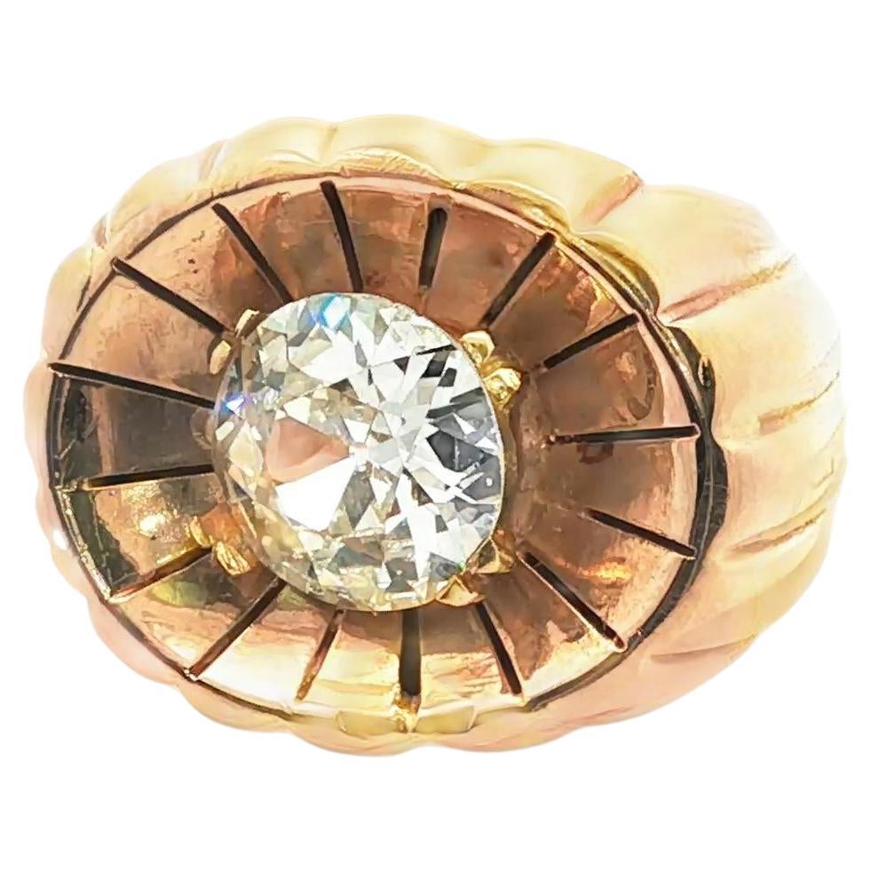 Bague rétro en or jaune 18 carats, diamant coussin français 1,95cts Certificat LFG en vente