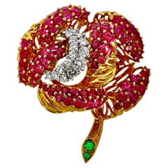 18K Yellow Gold French Flower Brooch with Diamonds Burma Rubies and Emeralds