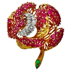 18K Yellow Gold French Flower Brooch with Diamonds Burma Rubies and Emeralds