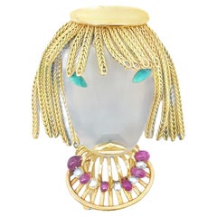 18k Yellow Gold  French Vintage Pearl Ruby Pin / Brooch 'Woman' - 17.00GRAM
