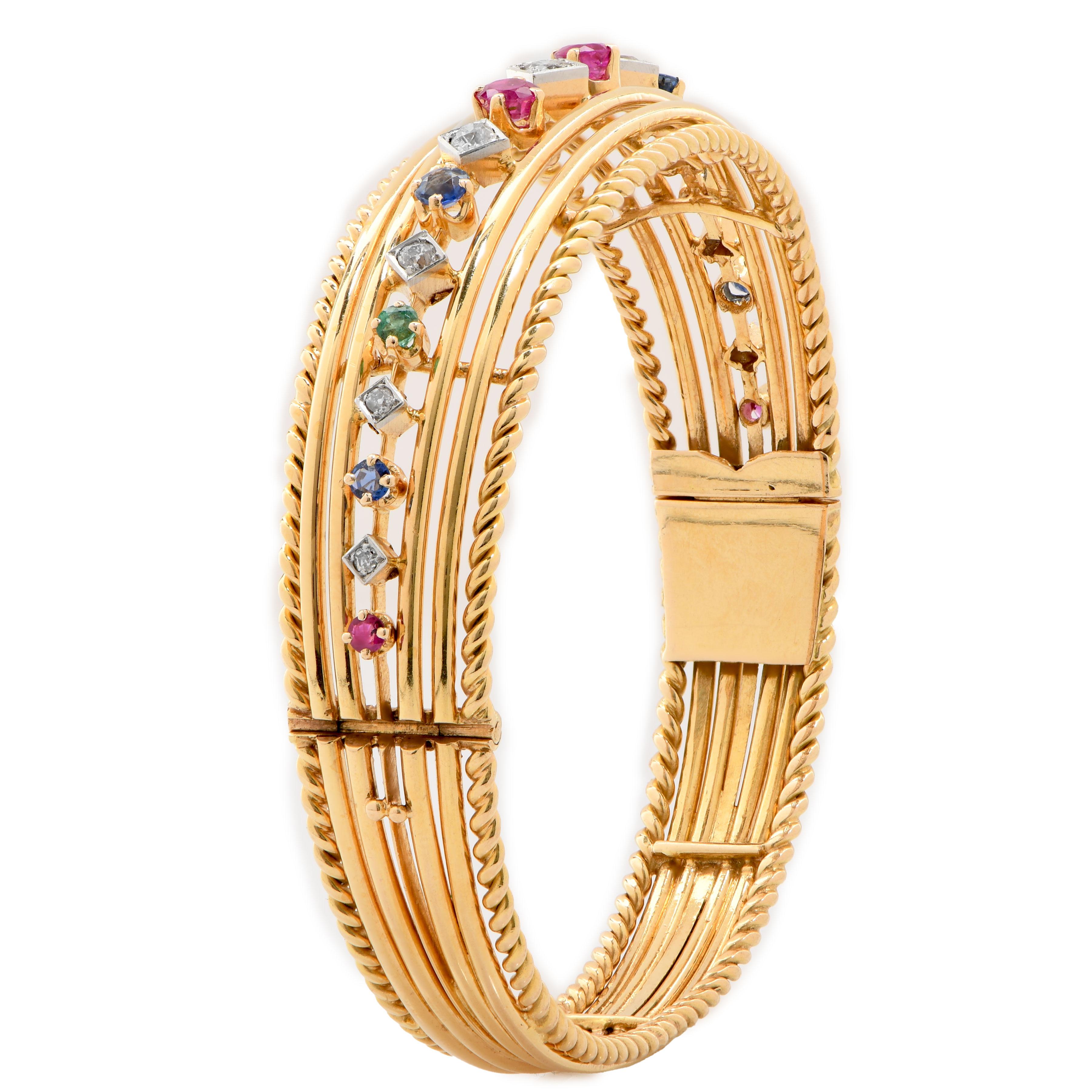 Moderno Bracciale Volaire francese in oro giallo 18K con più pietre preziose  38.3g in vendita
