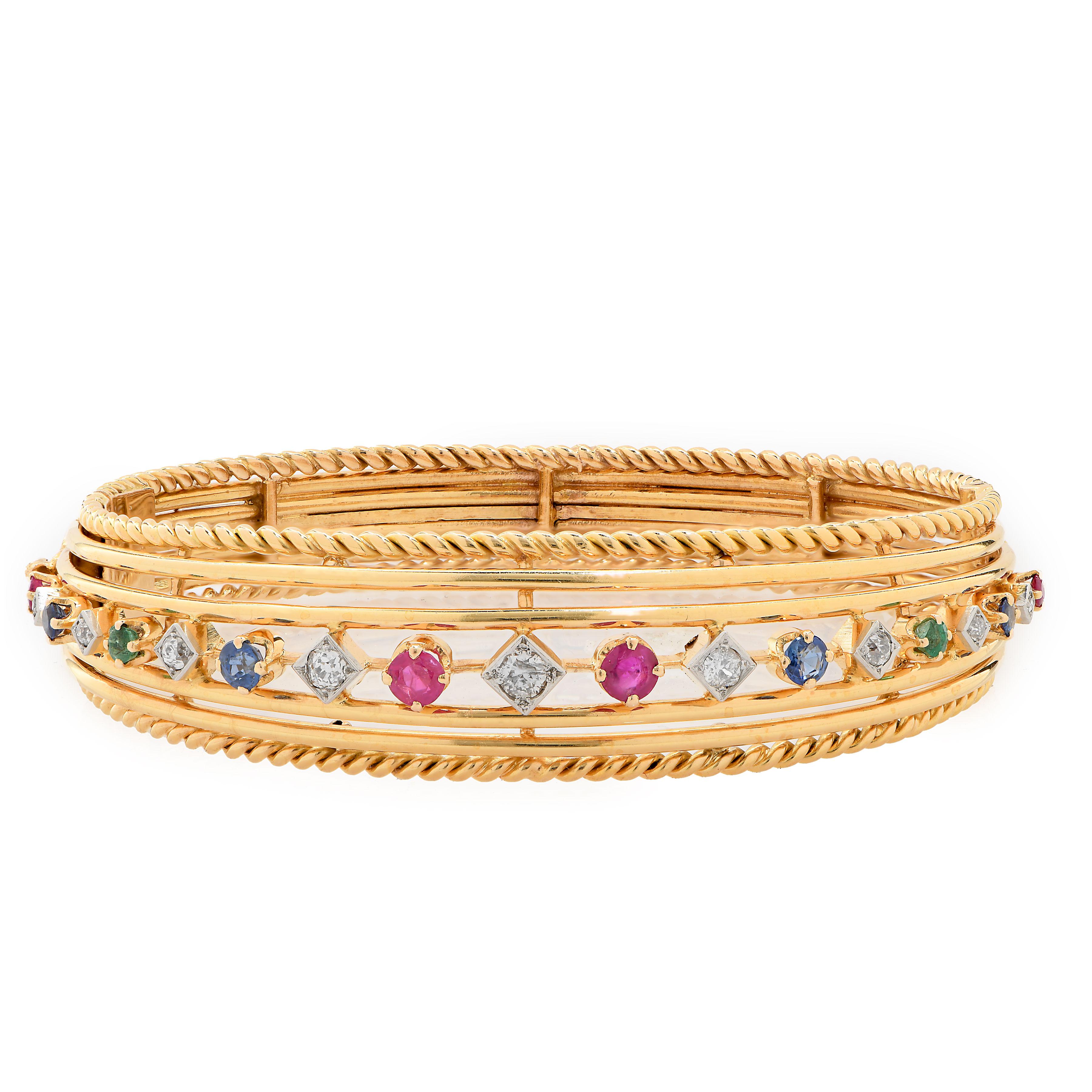 Taglio rotondo Bracciale Volaire francese in oro giallo 18K con più pietre preziose  38.3g in vendita