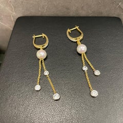 18K Yellow Gold Freshwater Pearl in Motion Earrings with Diamond Huggie