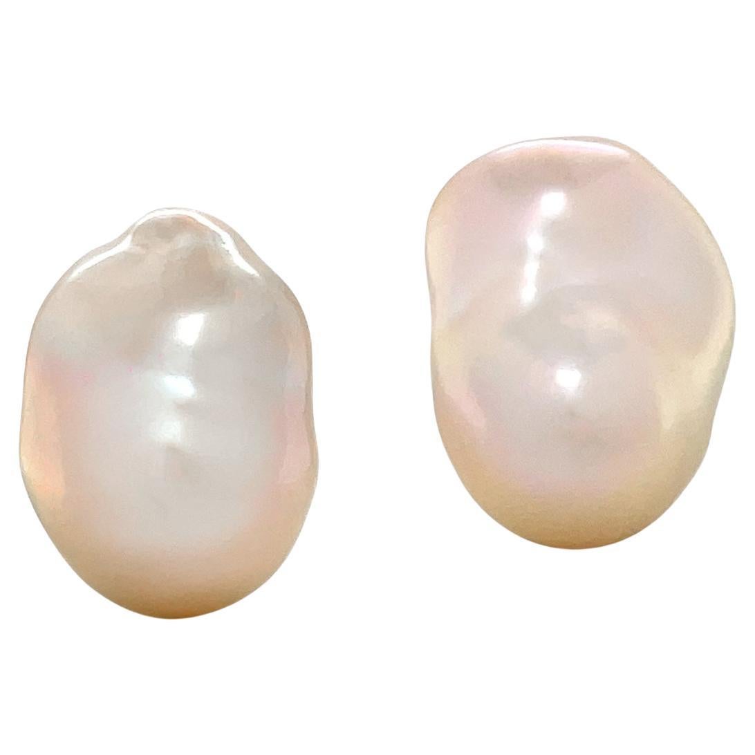 18K Yellow Gold Freshwater Pink Baroque Pearl Clip On Earrings
