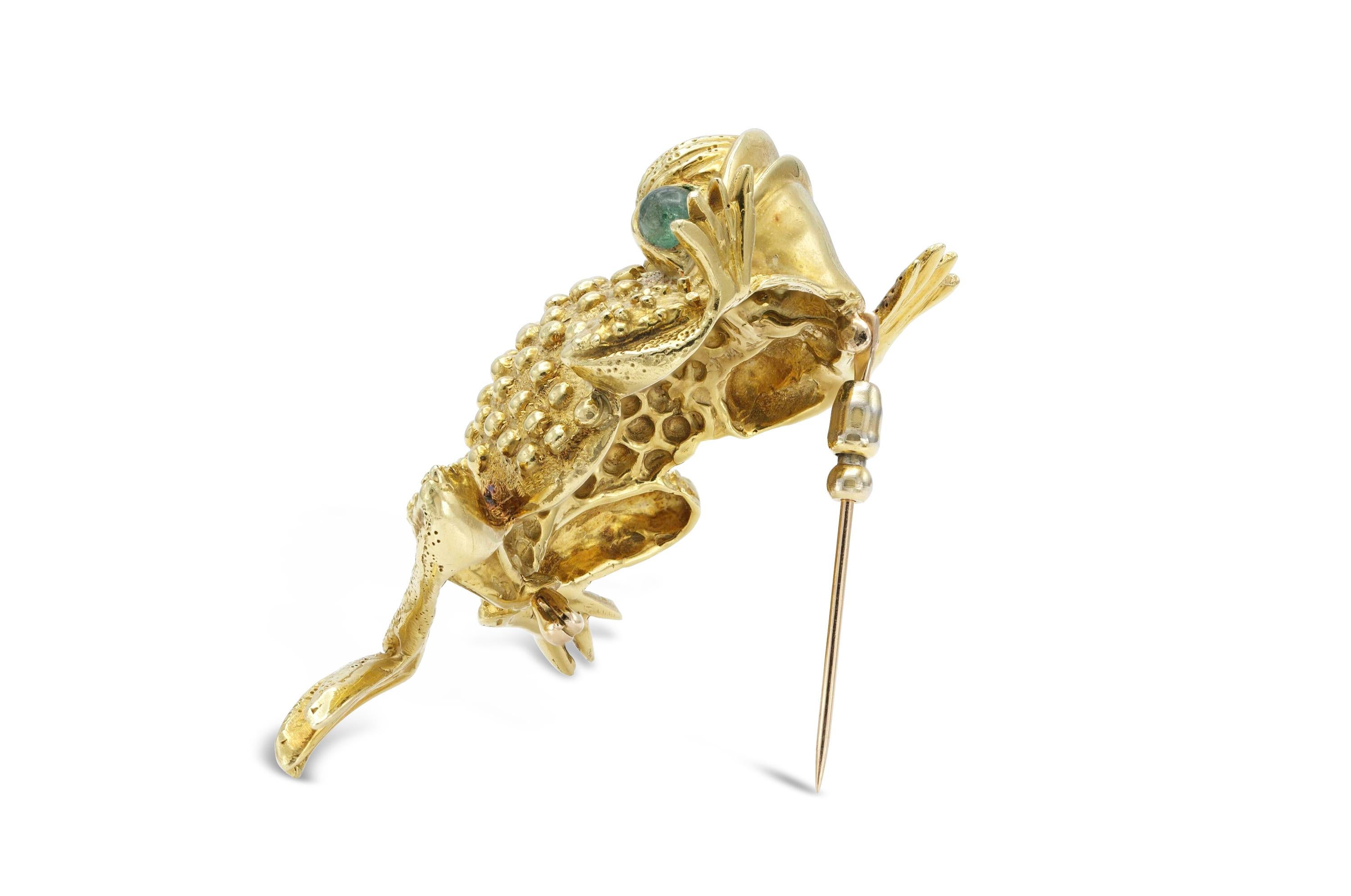 Cabochon 18K Yellow Gold Frog Brooch with Emeralds For Sale