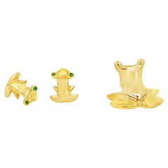 18K Yellow Gold Frog Earrings with Emerald Eyes and Matching Pendant
