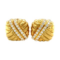 18k Yellow Gold Full Cut Diamond Square Clip-On Earrings