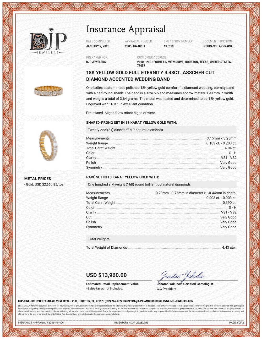 18K Yellow Gold Full Eternity 4.43ct. Asscher Cut Diamond Accented Wedding Band For Sale 3