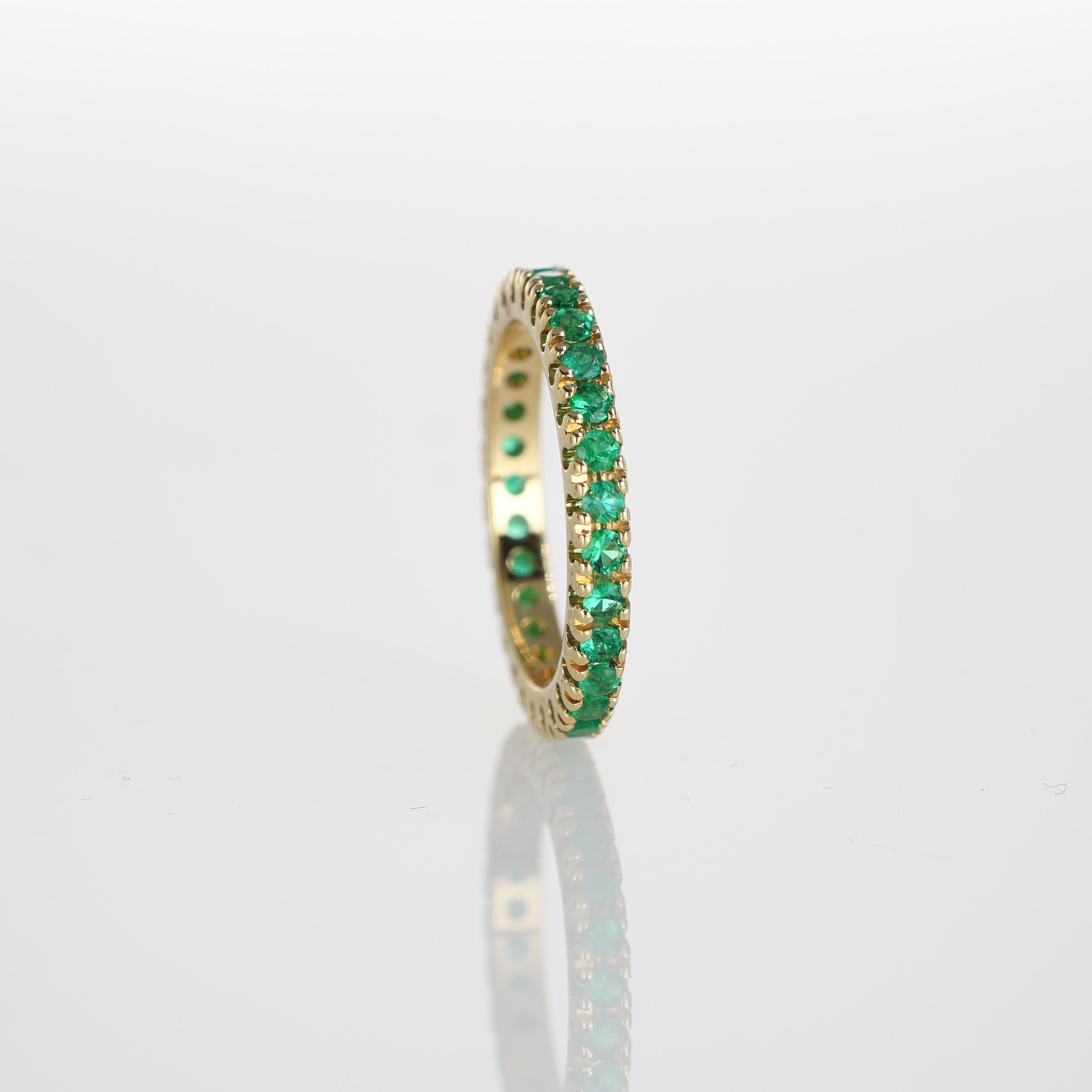 Brilliant Cut 18K Yellow Gold Full Eternity Band with Emeralds For Sale