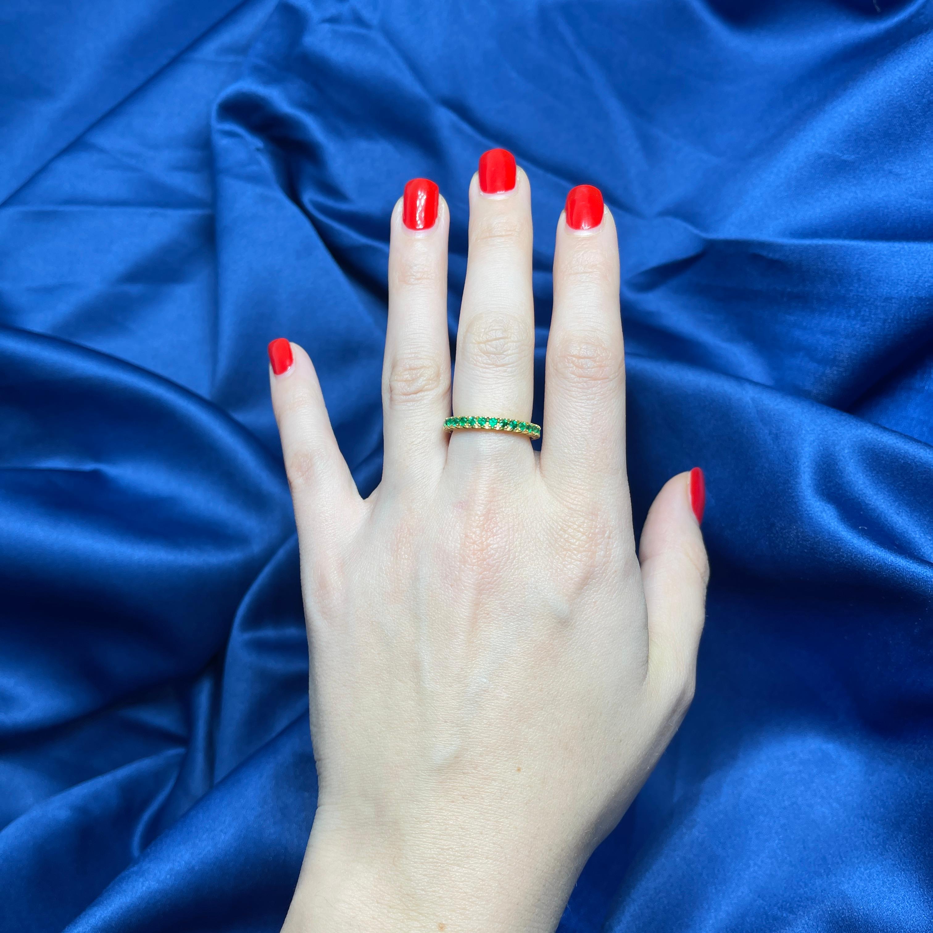 Women's or Men's 18K Yellow Gold Full Eternity Band with Emeralds For Sale