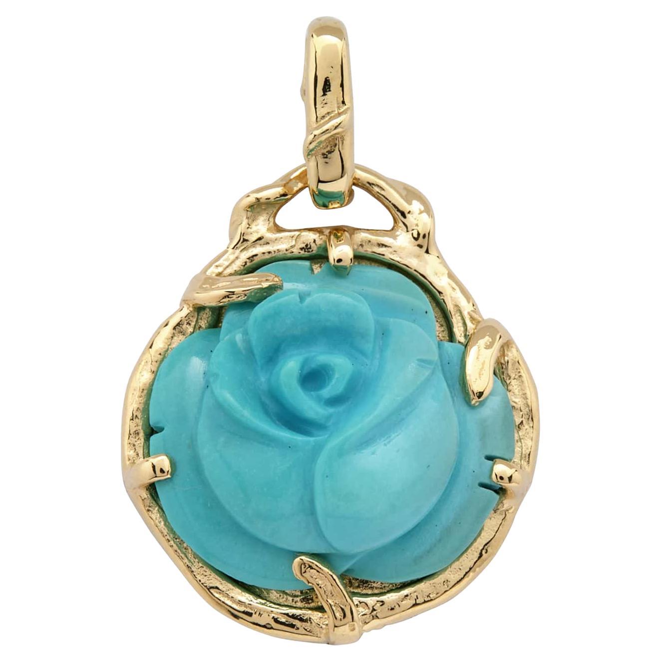 14k Yellow Gold Gabrielle Rosebud Amulet Charm, Carved Sleeping Beauty Turquoise For Sale