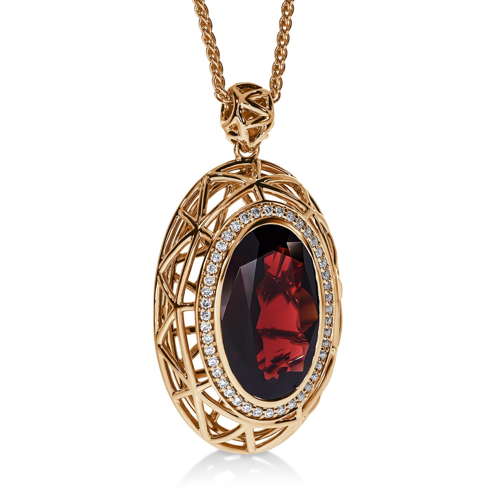 Oval Cut 18k Yellow Gold Garnet & Diamonds Nest Pendant and Earrings For Sale