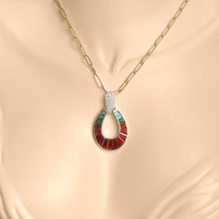 18K Yellow Gold Garnet Green Tourmaline Taper Baguette Diamond Raindrop Pendant