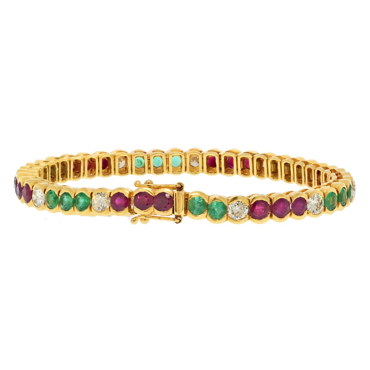 Modern 18K Yellow Gold Gemstone Bezel Set Line Bracelet For Sale