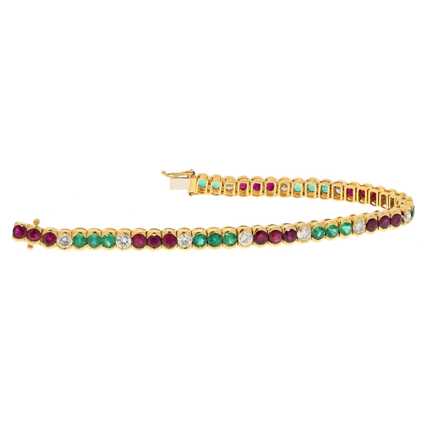 Round Cut 18K Yellow Gold Gemstone Bezel Set Line Bracelet For Sale