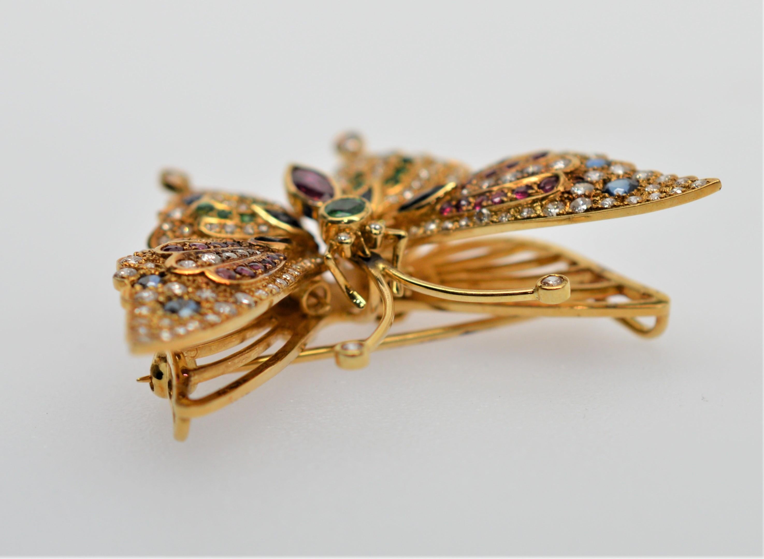 Round Cut  Diamond Sapphire Ruby Emerald Yellow Gold Fluttering Butterfly Brooch Pendant For Sale