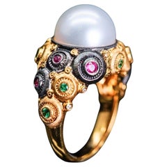 18K Yellow Gold Gemstone & Diamond Vintage Style Ring