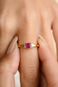18k Yellow Gold Genuine Ruby Diamond Engagement Ring for Her
