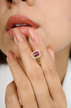 18k Yellow Gold Genuine Ruby Diamond Halo Anniversary Ring Gift for Women