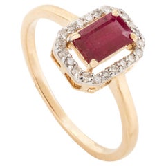 18k Yellow Gold Genuine Ruby Diamond Halo Anniversary Ring Gift for Women