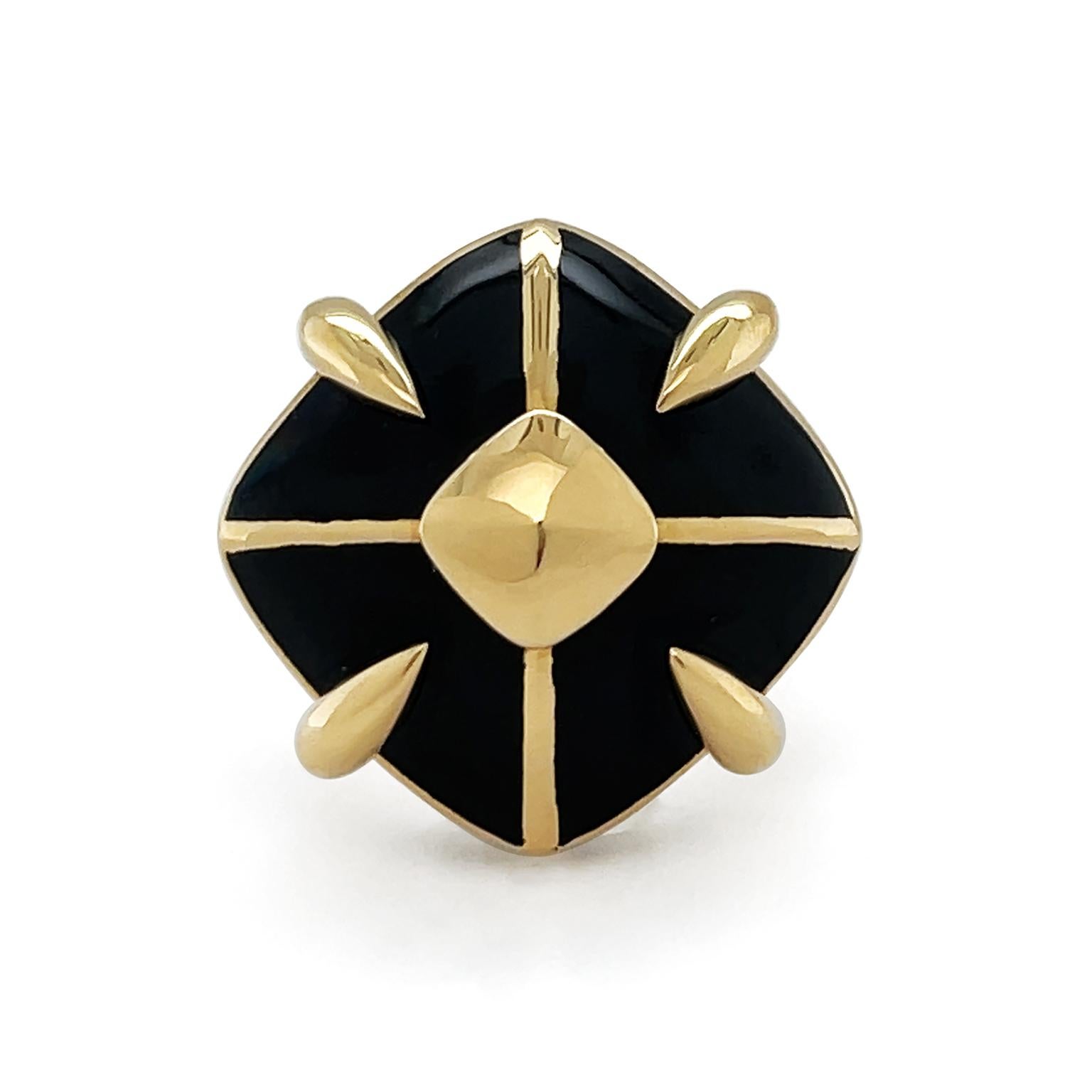 Black enamel joins with the scintillation of 18k yellow gold for this ring. Black enamel in a rhombus silhouette serves as the crown, while 18k yellow gold strands form four sections with a gold claw securing the enamel on each side. A polished
