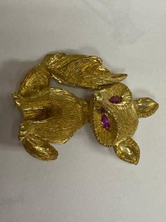 18k Yellow Gold George Lederman Fox Brooch with Ruby Eyes